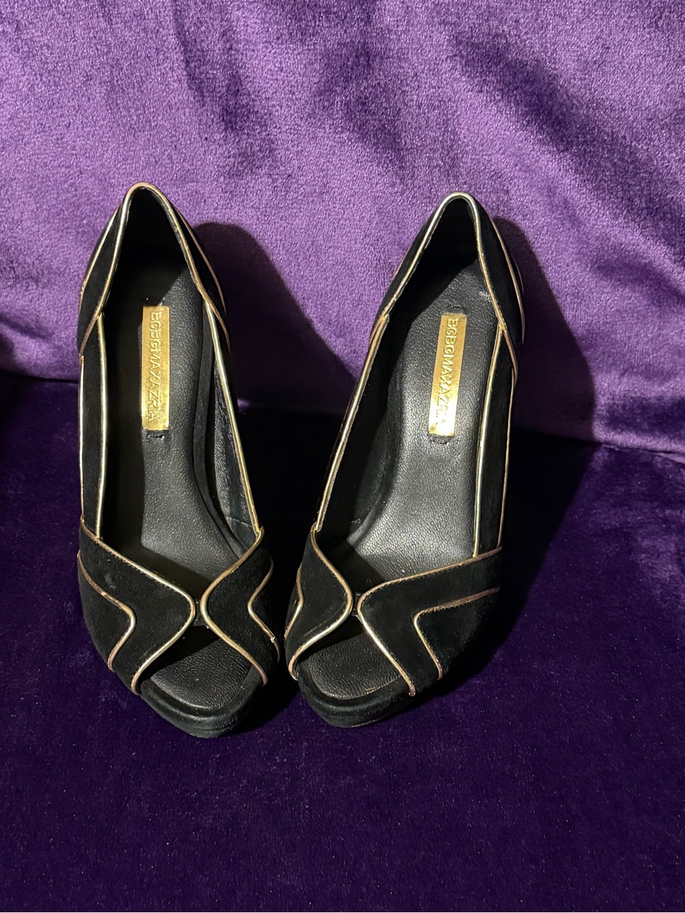 BCBGMaxAzria Black Peep-Toe Heels with Gold Piping